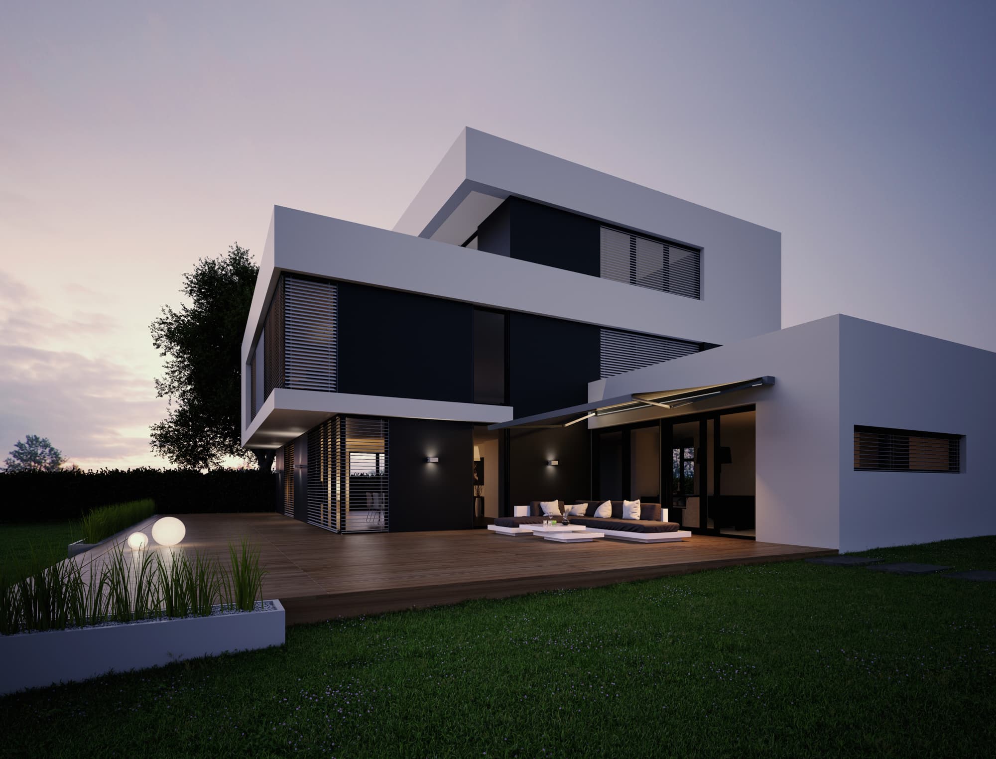 Modern house with WAREMA external venetian blinds at dusk